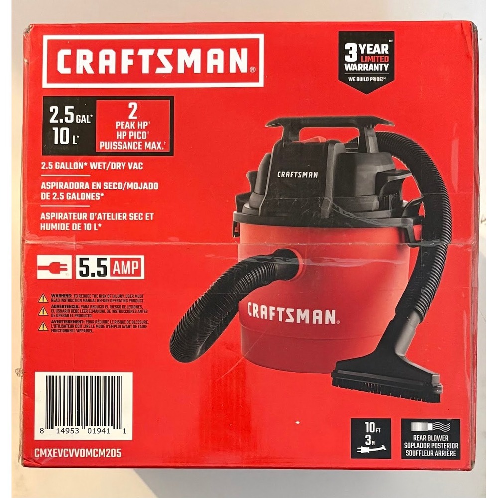 Craftsman 2.5 Gallon 2 Peak HP Wet Dry Shop Vacuum CMXEVCVVOMCM205 Red Black